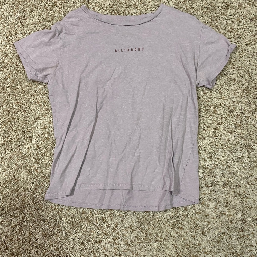 Purple billabong short sleeve tee with logo on front and mountains on back